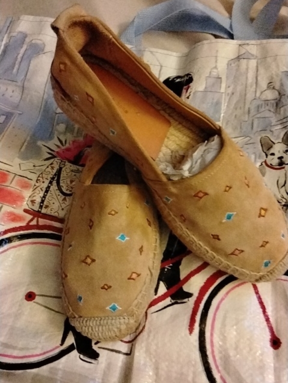 rag & bone Tan Espadrille Flats with Teal and Brown Embroidery